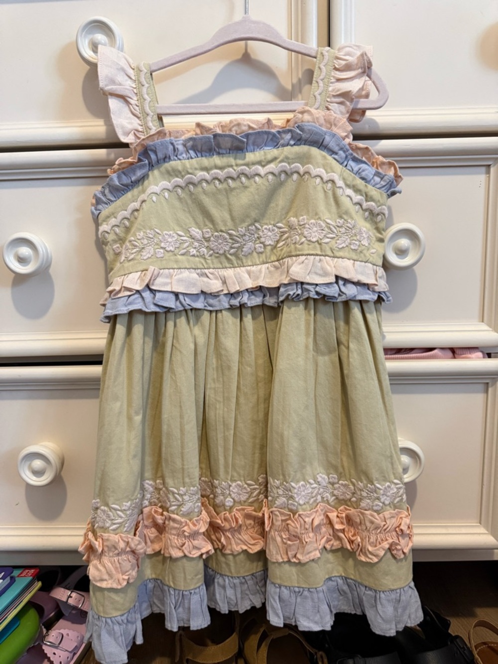 Girls Ruffled Floral Sundress in Sage Green with Pastel Trim